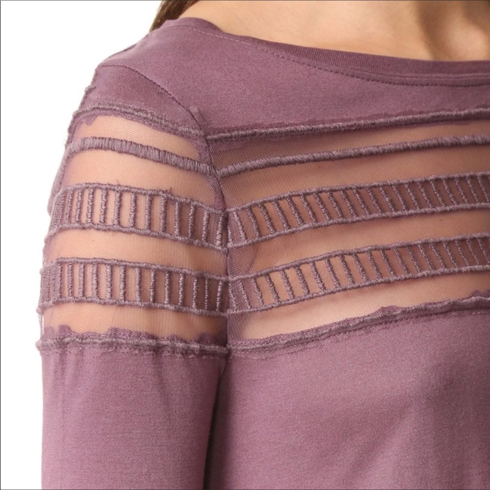 ☮️👚 FREE PEOPLE Low Hi side slits sheer mesh InSet neck Long Sleeve Top NWOT - Picture 4 of 9